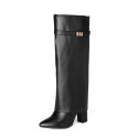 Womens Pointed-toe High-shaft Straight-leg Mid-calf Boots With Metal Buckles