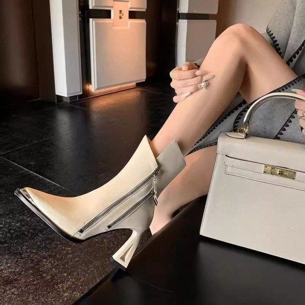 Womens Pointed-Toe Chunky-Heel Side-Zip Slimming Fashion Boots