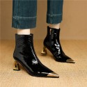 Wine-Red Sheepskin Patent Leather Pointed-Toe Ankle Boots For Women With A Stiletto Heel