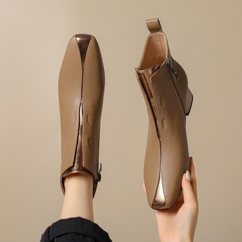 Womens Retro Square-Toe Sheepskin Chunky-Heel Ankle Boots