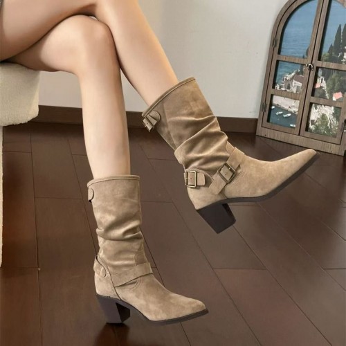 Chunky Heel Pleated Booties For Women