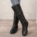 Retro-cuff Leather Belt-buckle Round-toe Womens Boots