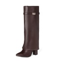 Womens Pointed-toe High-shaft Straight-leg Mid-calf Boots With Metal Buckles
