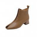 Womens Retro Square-Toe Sheepskin Chunky-Heel Ankle Boots