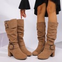 Suede High-heeled Chunky-heel Womens Boots With A Belt Buckle For Export