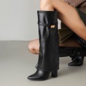 Womens Pointed-toe High-shaft Straight-leg Mid-calf Boots With Metal Buckles