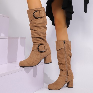 Suede High-heeled Chunky-heel Womens Boots With A Belt Buckle For Export
