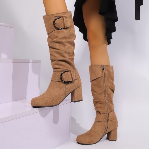 Suede High-heeled Chunky-heel Womens Boots With A Belt Buckle