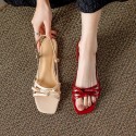 French-style Square-toe Bow Flat Sandals For Women