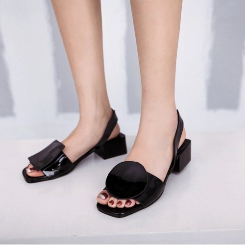 Patent Leather Buckle Mid-heel Open-toe Womens Shoes
