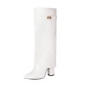 Womens Pointed-toe High-shaft Straight-leg Mid-calf Boots With Metal Buckles