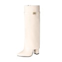 Womens Pointed-toe High-shaft Straight-leg Mid-calf Boots With Metal Buckles