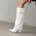 Womens Pointed-toe High-shaft Straight-leg Mid-calf Boots With Metal Buckles