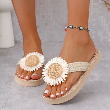 Straw-soled Outdoor Floral Flip-flops Beach Sandals