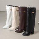 Womens Pointed-toe High-shaft Straight-leg Mid-calf Boots With Metal Buckles