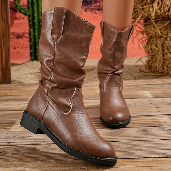 Vcut Pleated Midcalf Leather Boots