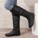 Retro-cuff Leather Belt-buckle Round-toe Womens Boots