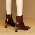 Wine-Red Sheepskin Patent Leather Pointed-Toe Ankle Boots For Women With A Stiletto Heel