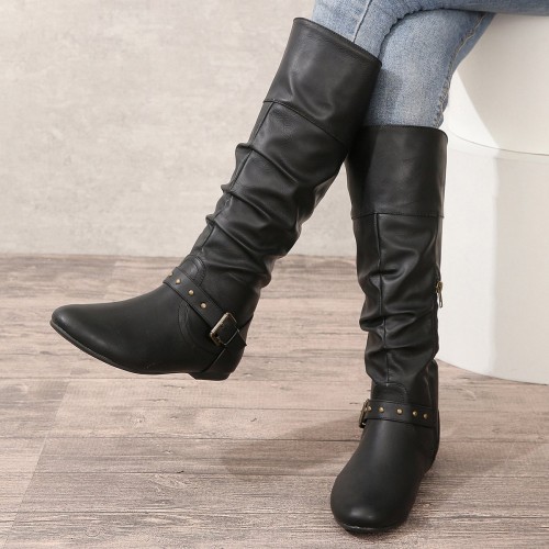 Women's Fashion Buckle Round Toe Leather Boots
