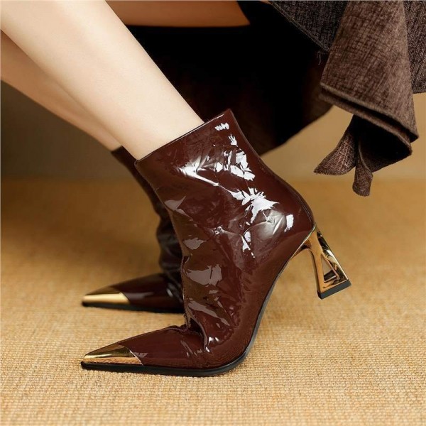 Wine-Red Sheepskin Patent Leather Pointed-Toe Ankle Boots For Women With A Stiletto Heel