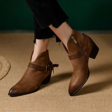 Womens Mid-heel Pointed-toe Chunky Heel Boots