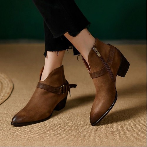 Womens Mid-heel Pointed-toe Chunky Heel Boots