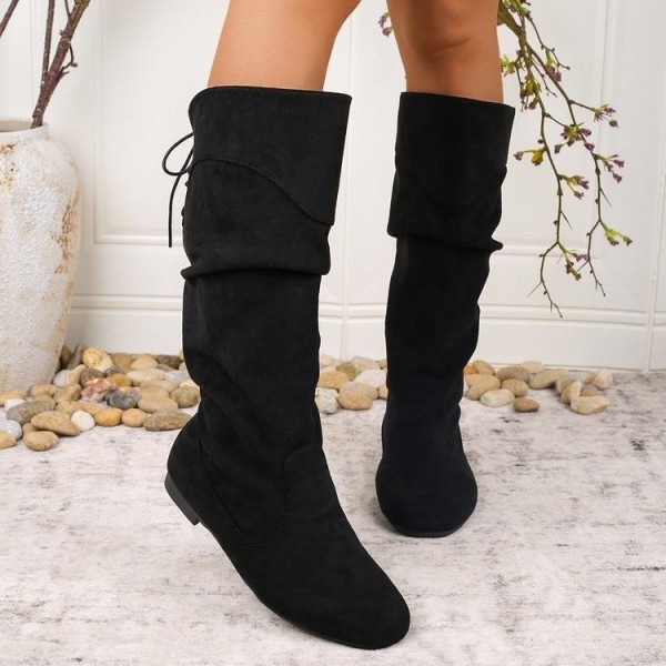 Womens Highshaft Pleated Suede Chunkyheel Boots